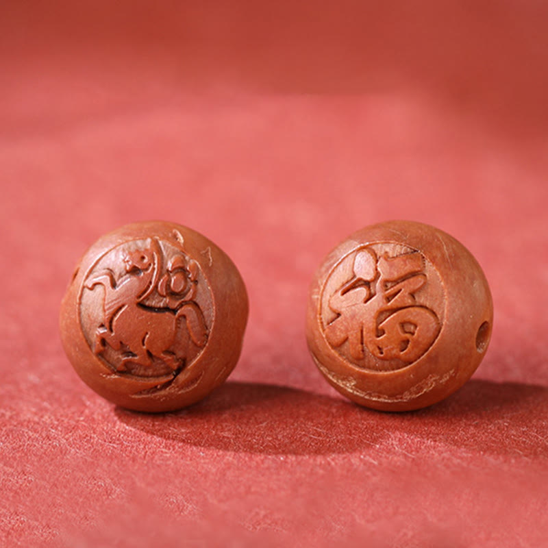 Natural Peach Wood Chinese Zodiac Fu Character Carved Cinnabar Wealth Bracelet