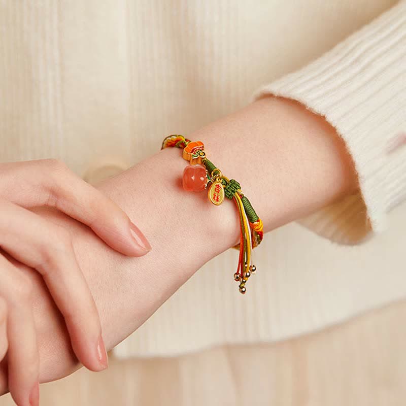 Persimmon Red Agate Strength Reincarnation Knot Braid String Bracelet