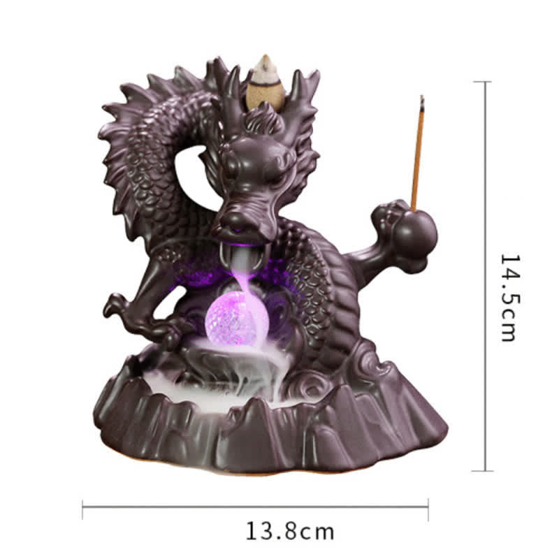 Auspicious Dragon Ceramic Backflow Smoke Fountain Meditation Incense Burner Led Ball Decoration