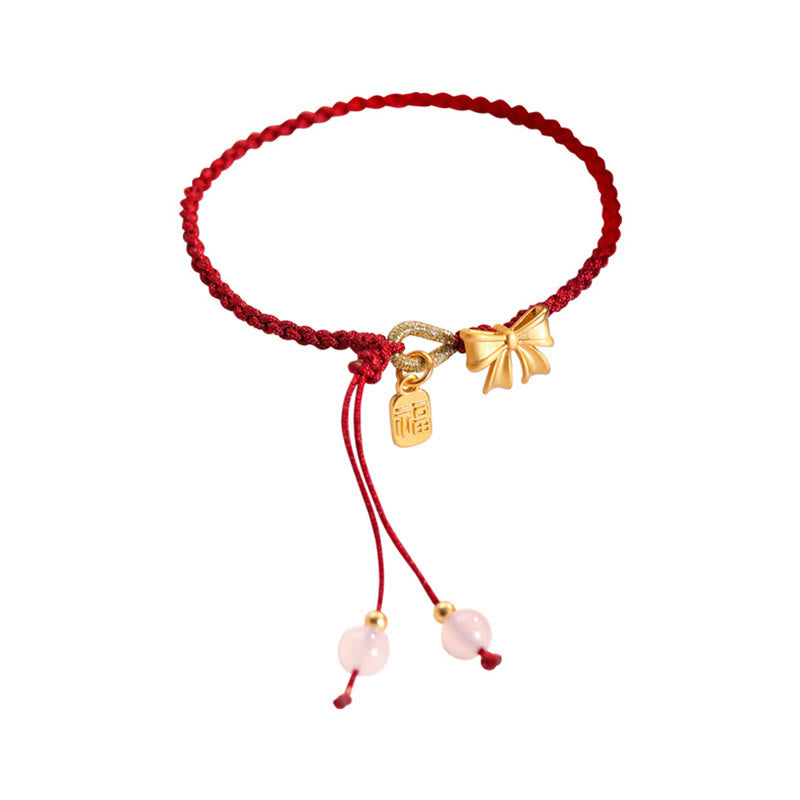 Handmade Peach Blossom Rosette Bow Knot Fu Character Charm Luck Fortune Red Rope Bracelet