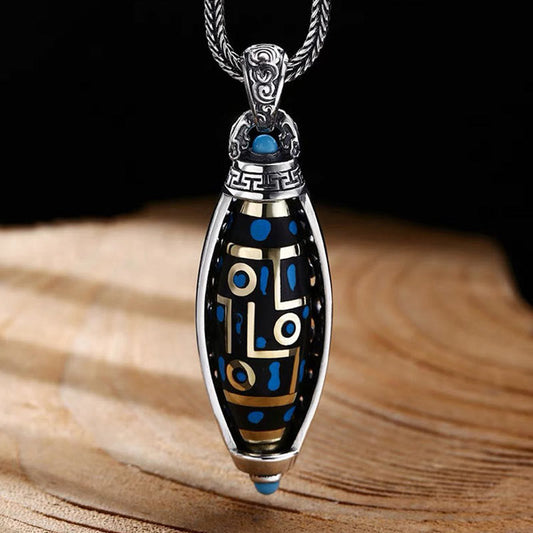 Tibetan Om Mani Padme Hum Nine-Eye Dzi Bead Pattern Peace Purity Rotatable Necklace Pendant