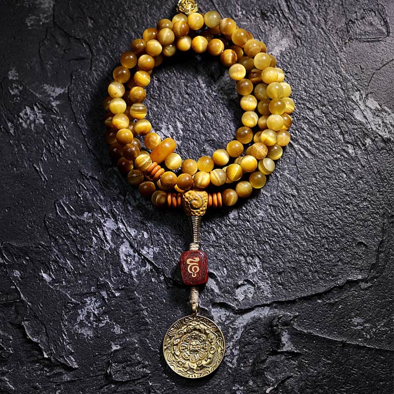 108 Mala Beads Natural Tiger Eye Copper Dorje Protection Tassel Bracelet