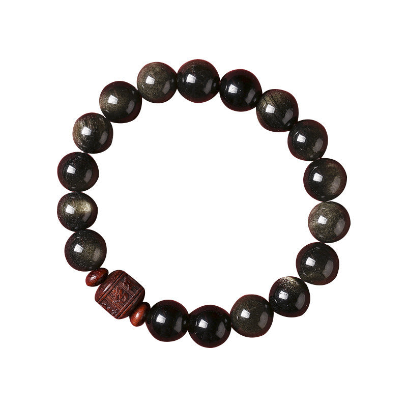 Natural Gold Sheen Obsidian Rainbow Obsidian Om Mani Padme Hum Fu Character Bracelet