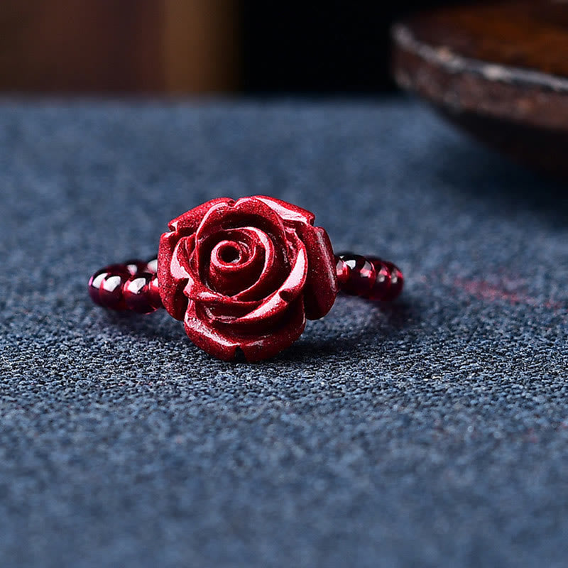 Garnet Cinnabar Lucky Bead PiXiu Om Mani Padme Hum Rose Protection Ring