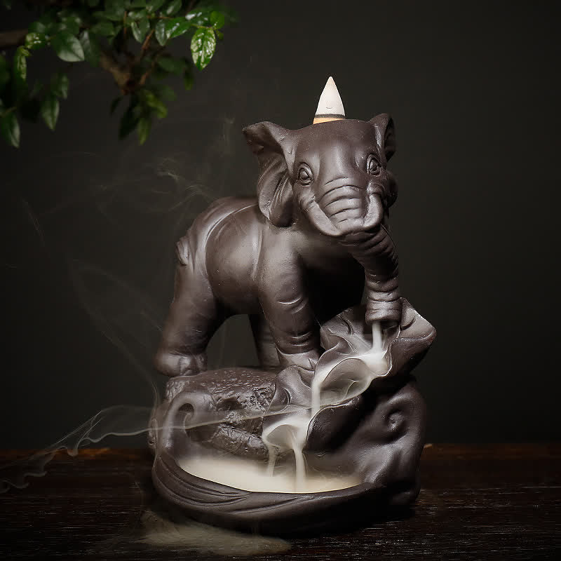 Tibetan Elephant Purple Clay Backflow Smoke Fountain Peace Incense Burner Decoration