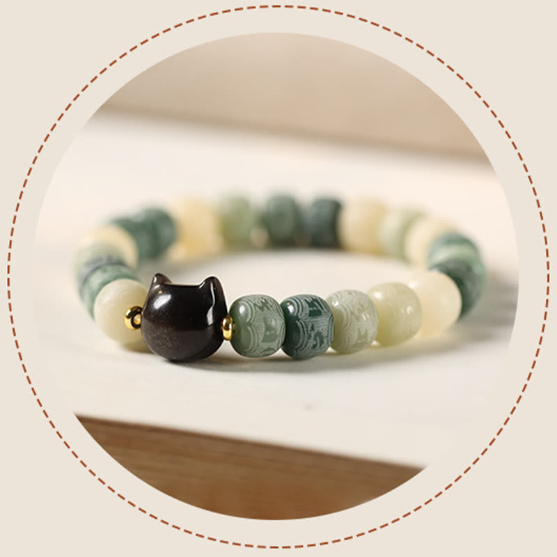 Bodhi Seed Silver Sheen Obsidian Cat Head Om Mani Padme Hum Engraved Harmony Bracelet