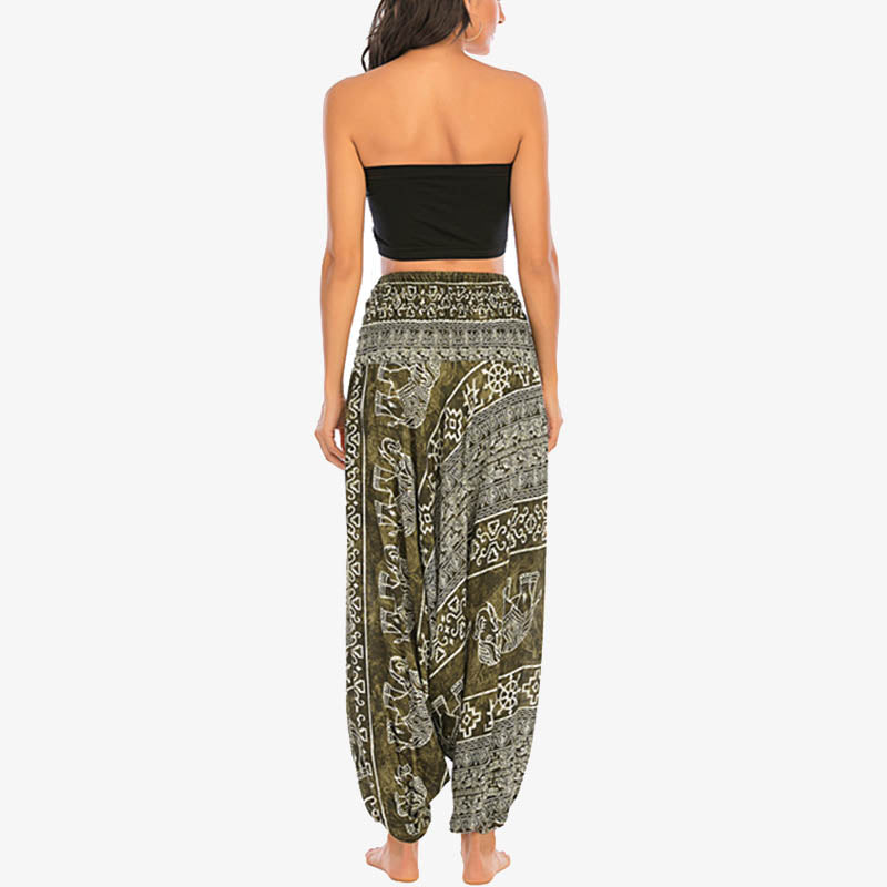 Two Style Wear Elephant Pattern Loose Smocked Harem Trousers Jumpsuit Women's Yoga Pants
