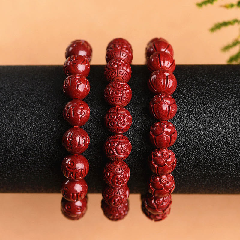 Natural Cinnabar Om Mani Padme Hum Fret Pattern Lotus Blessing Bracelet
