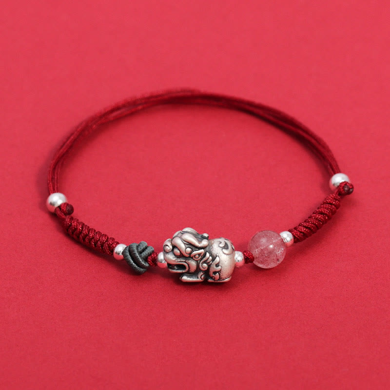 999 Sterling Silver PiXiu Strawberry Quartz Bead Wealth Luck Braided Bracelet