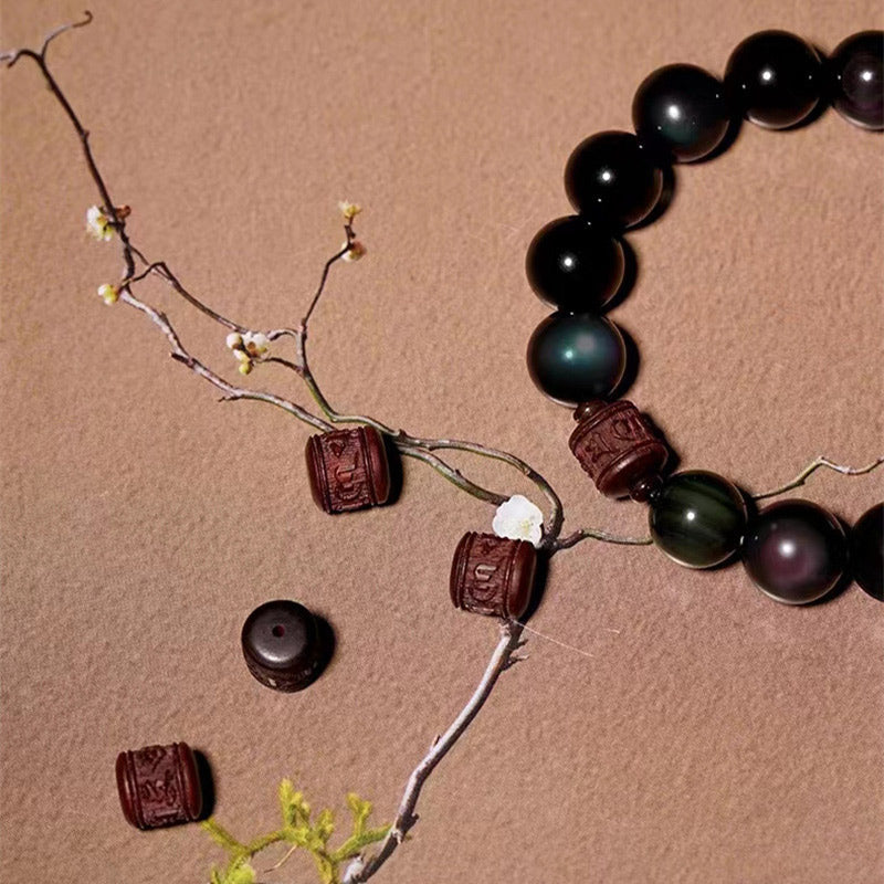 Natural Gold Sheen Obsidian Rainbow Obsidian Om Mani Padme Hum Fu Character Bracelet
