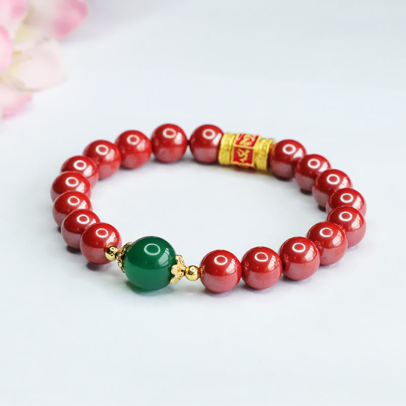 Natural Cinnabar Green Agate Om Mani Padme Hum Pattern Blessing Bracelet