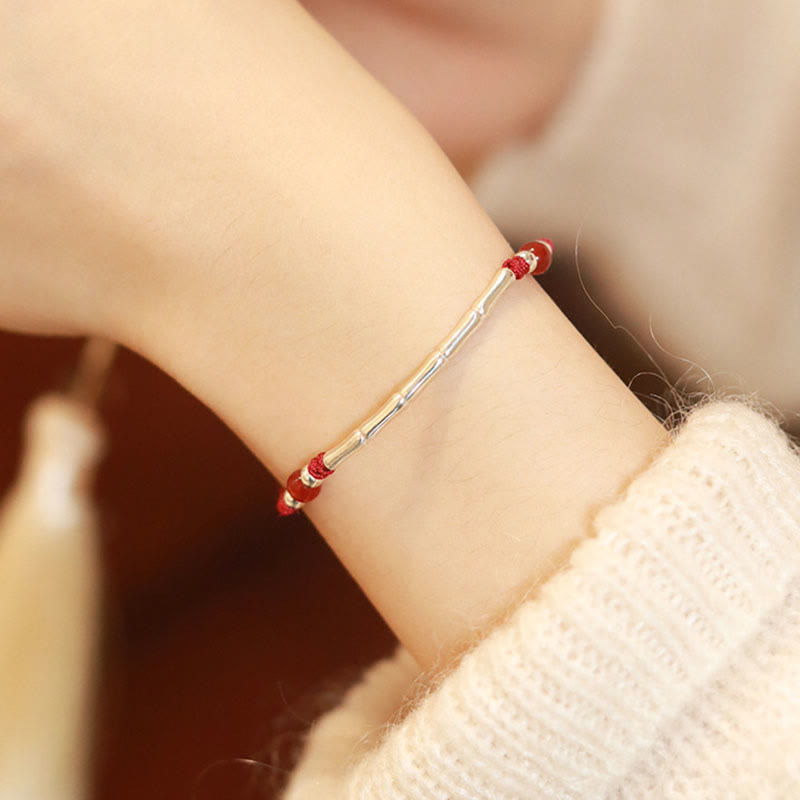 925 Sterling Silver Bamboo White Agate Red Agate Bead Protection String Braided Bracelet