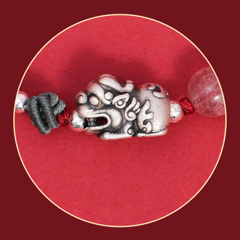 999 Sterling Silver PiXiu Strawberry Quartz Bead Wealth Luck Braided Bracelet
