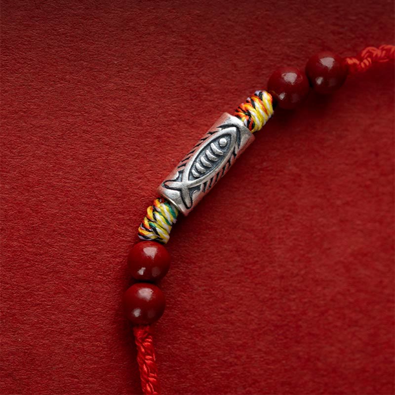925 Sterling Silver Koi Fish Cinnabar Bead Wealth Handcrafted Braided Bracelet Anklet