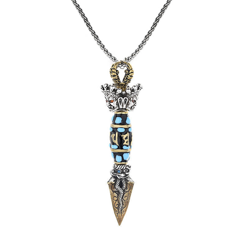 Tibet Om Mani Padme Hum Dzi Bead Dorje Vajra Pattern Wealth Rotatable Necklace Pendant