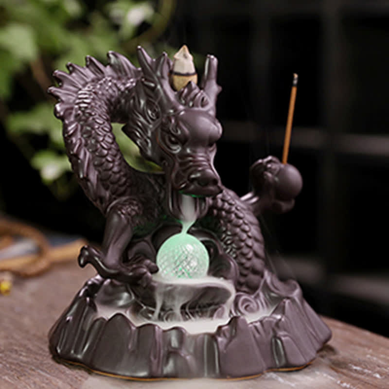 Auspicious Dragon Ceramic Backflow Smoke Fountain Meditation Incense Burner Led Ball Decoration