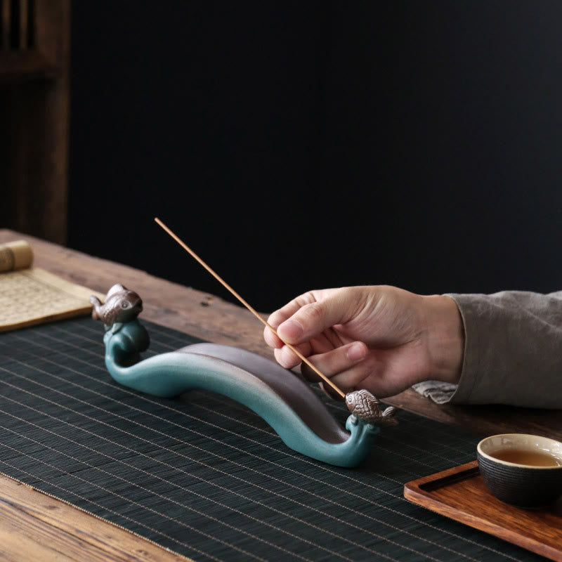 Double Koi Fish Mountain Ceramic Stick Incense Burner Decoration
