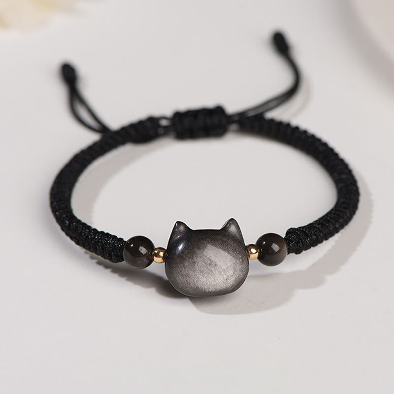 Handmade Natural Silver Sheen Obsidian Strawberry Quartz Cute Cat Protection Braided Bracelet