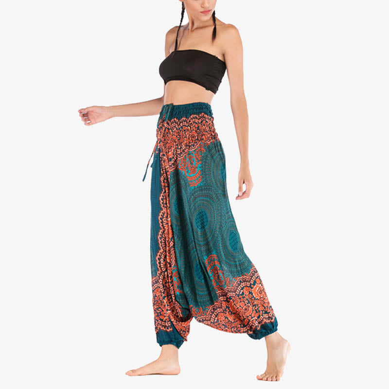 Two Style Wear Round Geometric Pattern Loose Smocked Harem Trousers Jumpsuit High Waist Women's Yoga Pants