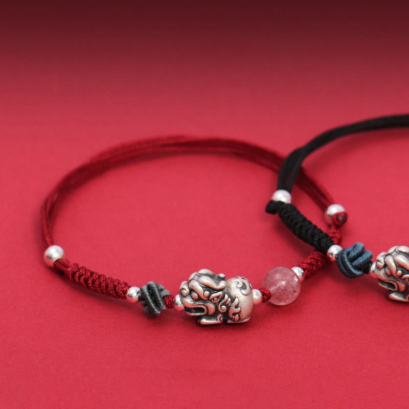 999 Sterling Silver PiXiu Strawberry Quartz Bead Wealth Luck Braided Bracelet