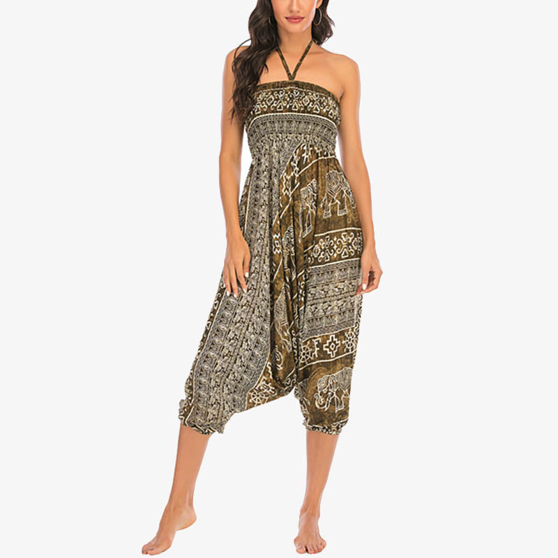 Two Style Wear Elephant Pattern Loose Smocked Harem Trousers Jumpsuit Women's Yoga Pants