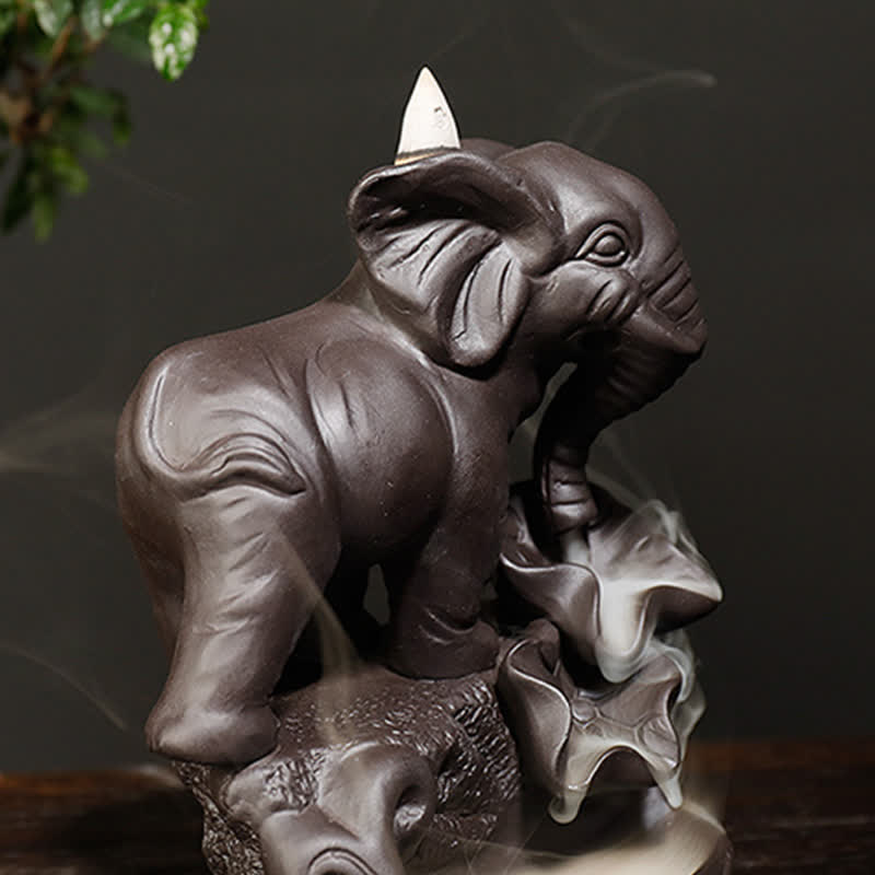 Tibetan Elephant Purple Clay Backflow Smoke Fountain Peace Incense Burner Decoration