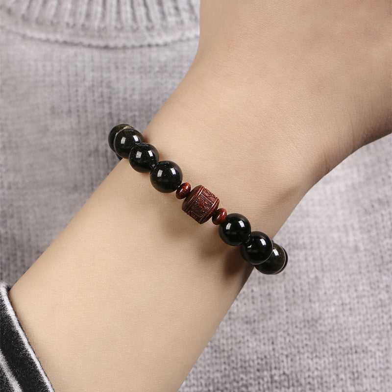 Natural Gold Sheen Obsidian Rainbow Obsidian Om Mani Padme Hum Fu Character Bracelet