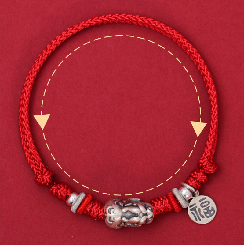 925 Sterling Silver PiXiu Fu Character Wealth Luck Handmade Braided Bracelet