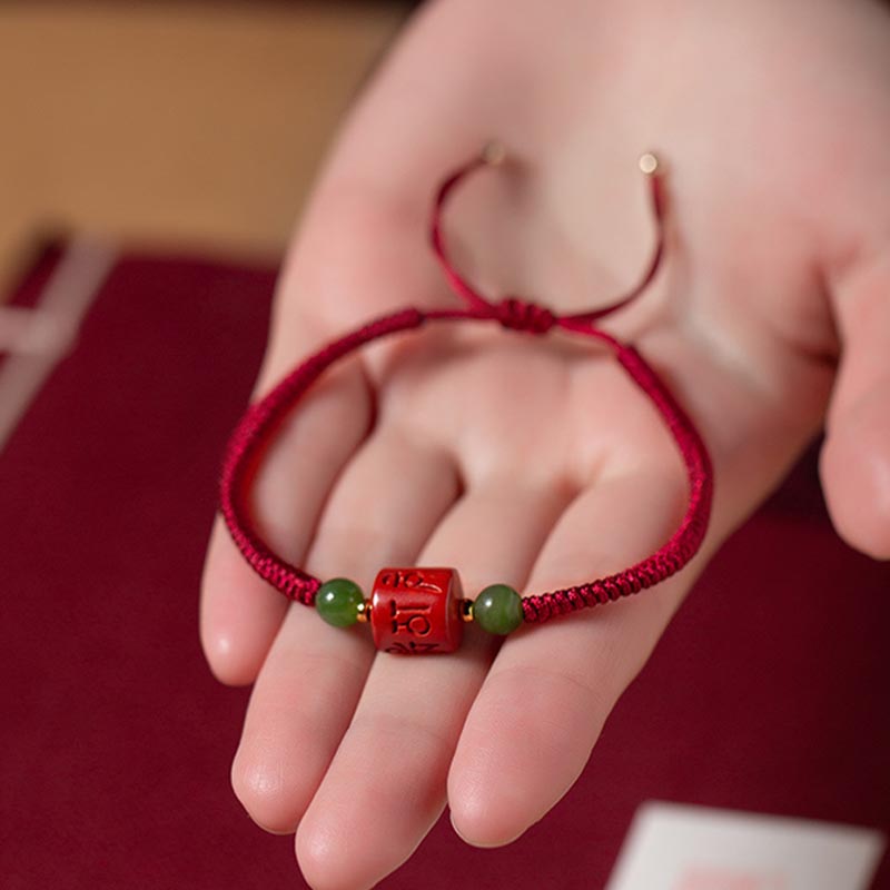 Tibetan Cinnabar Om Mani Padme Hum Engraved Blessing Braided Rope Bracelet