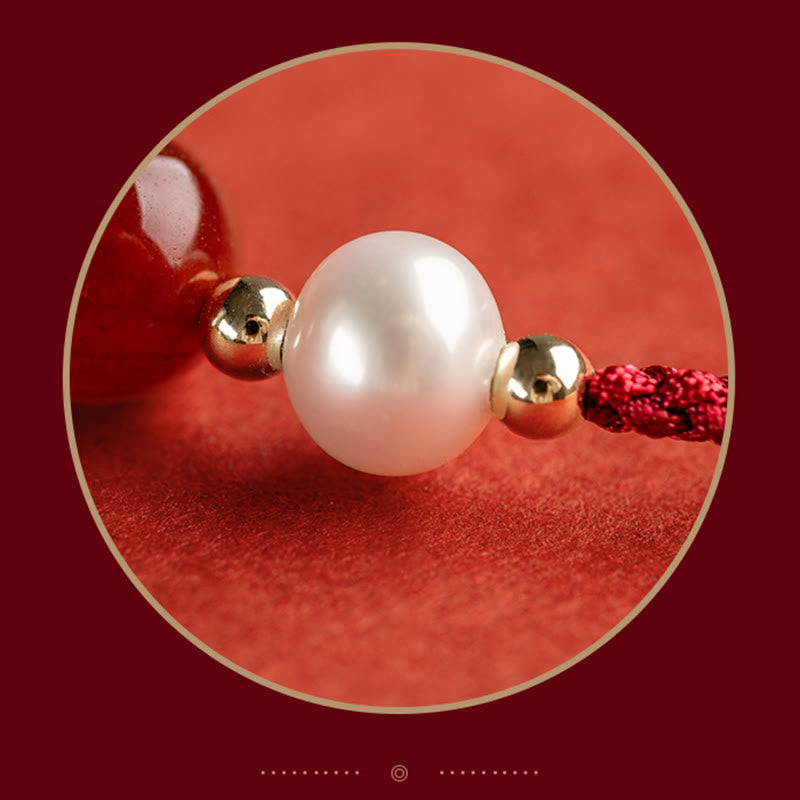 925 Sterling Silver Good Fortune Fu Character Agate Pearl Red String Braid Bracelet