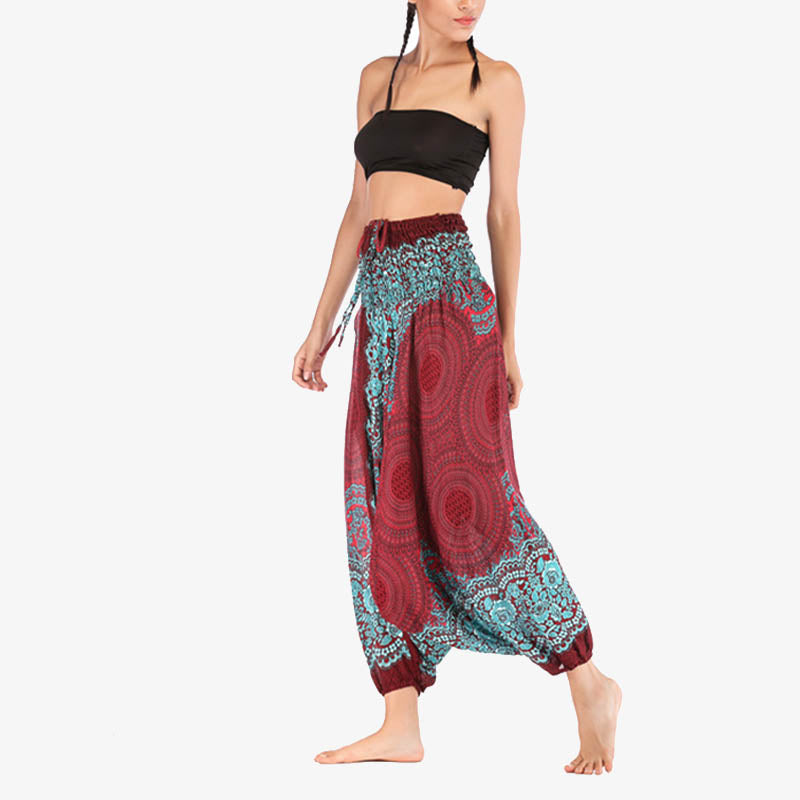 Two Style Wear Round Geometric Pattern Loose Smocked Harem Trousers Jumpsuit High Waist Women's Yoga Pants