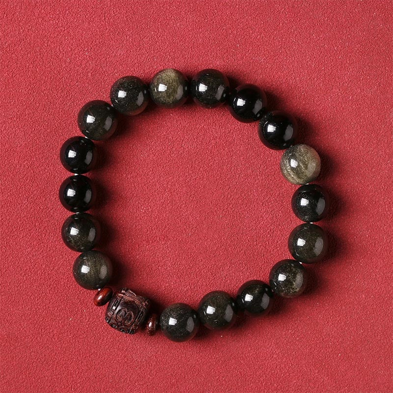 Natural Gold Sheen Obsidian Rainbow Obsidian Om Mani Padme Hum Fu Character Bracelet