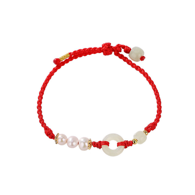 925 Sterling Silver Plated Gold Hetian Jade Peace Buckle Pearl Luck Bracelet