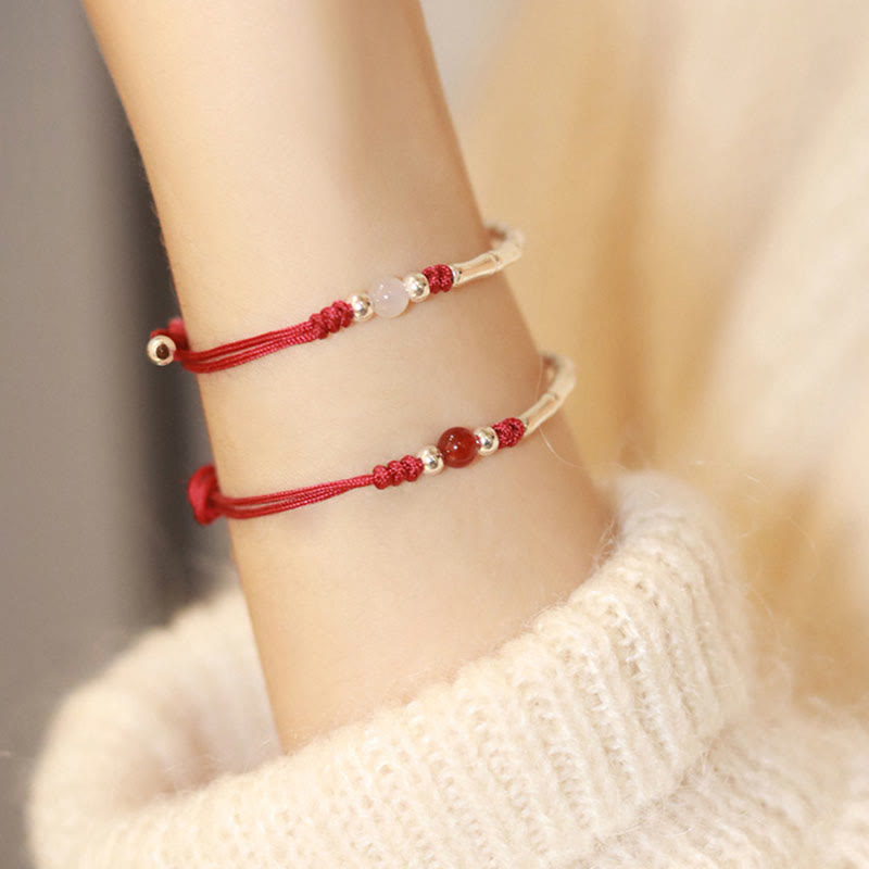 925 Sterling Silver Bamboo White Agate Red Agate Bead Protection String Braided Bracelet