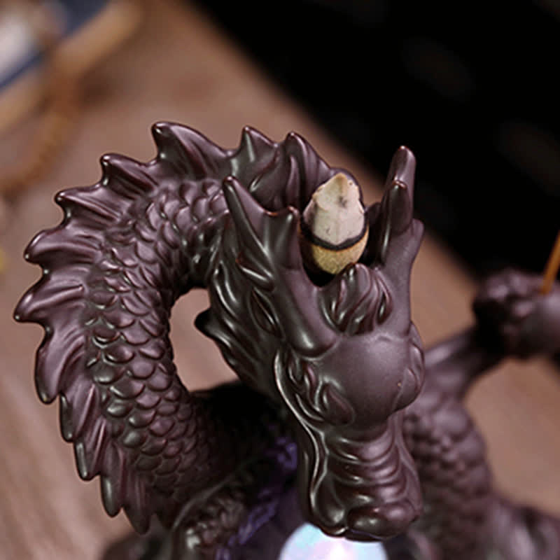 Auspicious Dragon Ceramic Backflow Smoke Fountain Meditation Incense Burner Led Ball Decoration