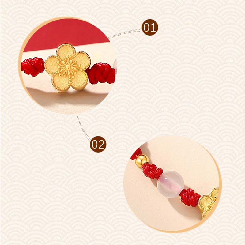 Handmade 925 Sterling Silver Peach Blossom Cherry Sakura Chalcedony Bead Luck Red Rope Bracelet