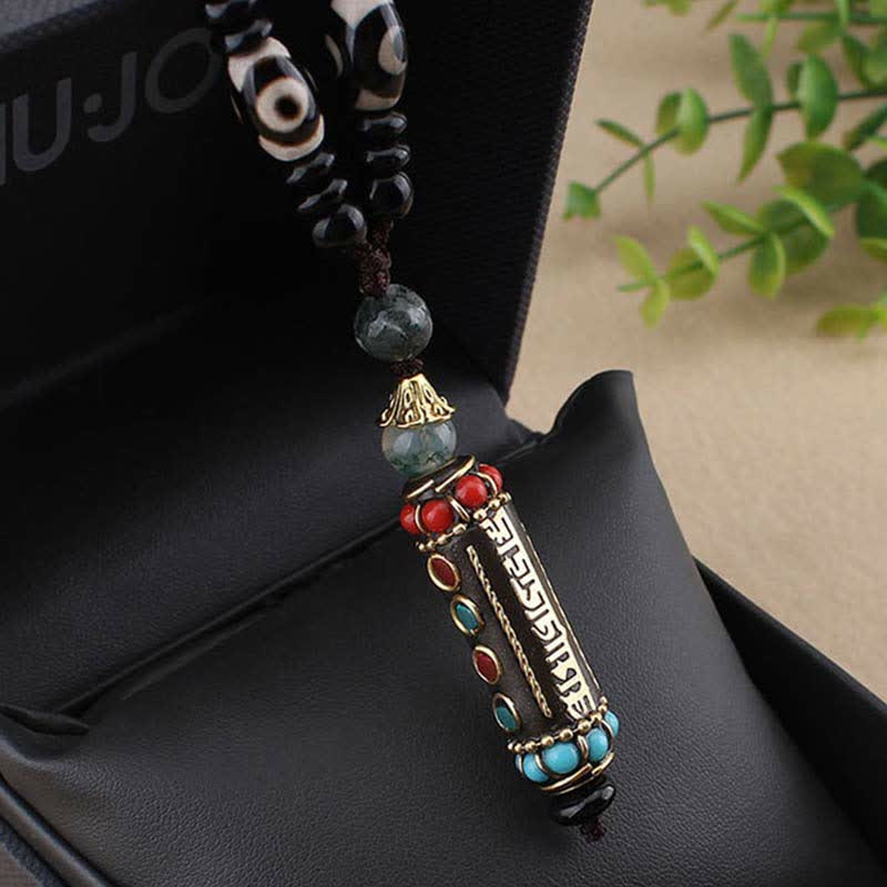 Tibetan Om Mani Padme Hum Dzi Bead Wenge Wood Necklace Pendant