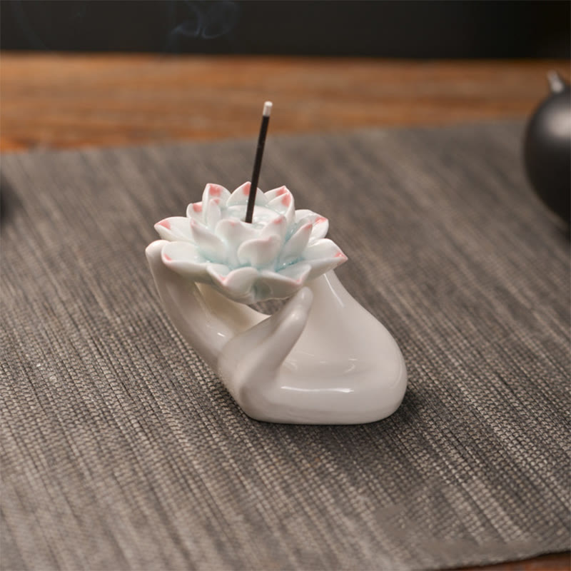 Small Ceramic Lotus Hand Meditation Incense Burner Decoration