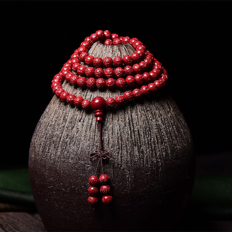 108 Mala Beads Cinnabar Om Mani Padme Hum Pattern Engraved Blessing Bracelet