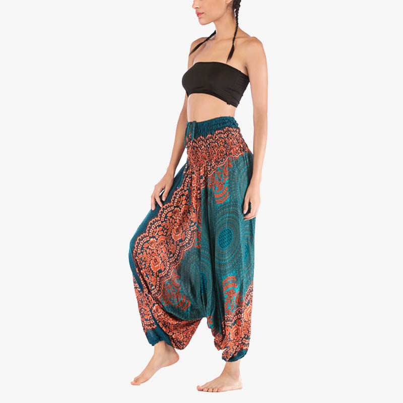 Two Style Wear Round Geometric Pattern Loose Smocked Harem Trousers Jumpsuit High Waist Women's Yoga Pants