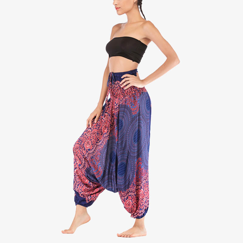 Two Style Wear Round Geometric Pattern Loose Smocked Harem Trousers Jumpsuit High Waist Women's Yoga Pants