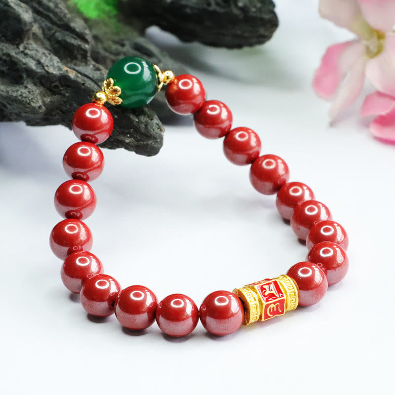 Natural Cinnabar Green Agate Om Mani Padme Hum Pattern Blessing Bracelet