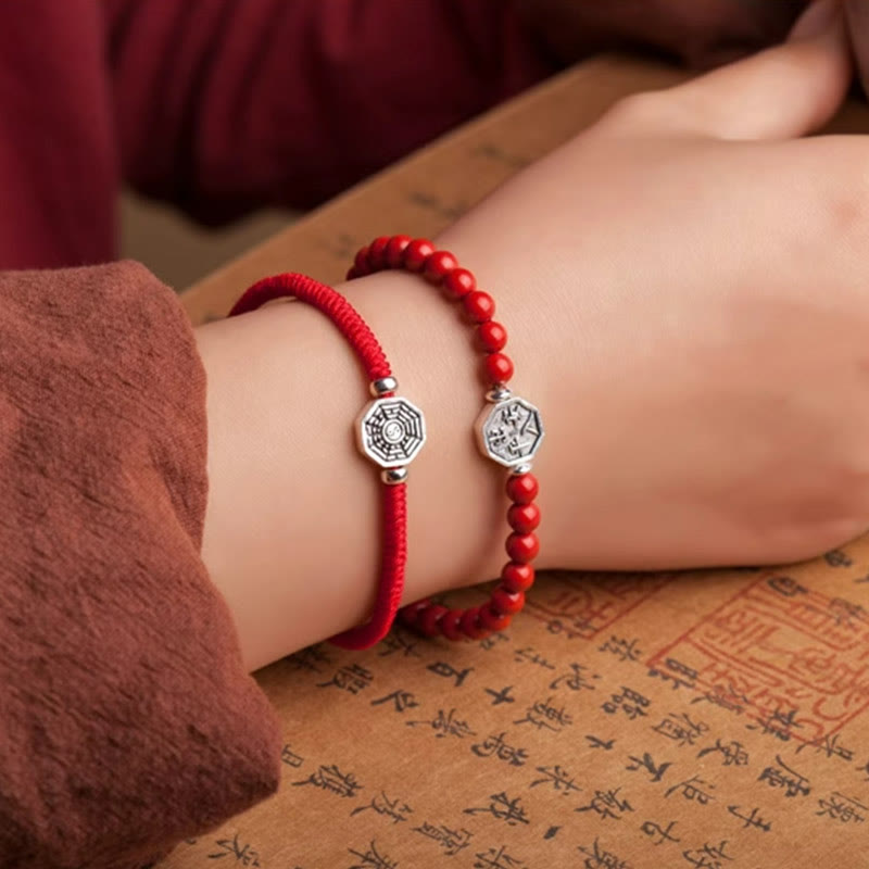 925 Sterling Silver Yin Yang Bagua Symbol Cinnabar String Concentration Bracelet