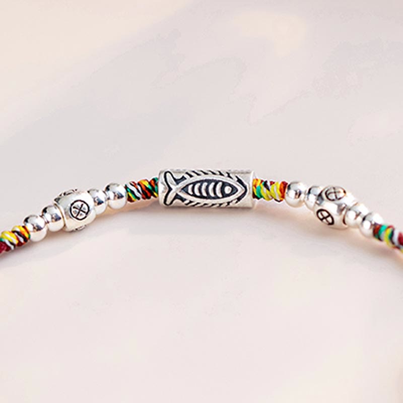 925 Sterling Silver Luck Koi Fish Braided Colorful String Bracelet Anklet
