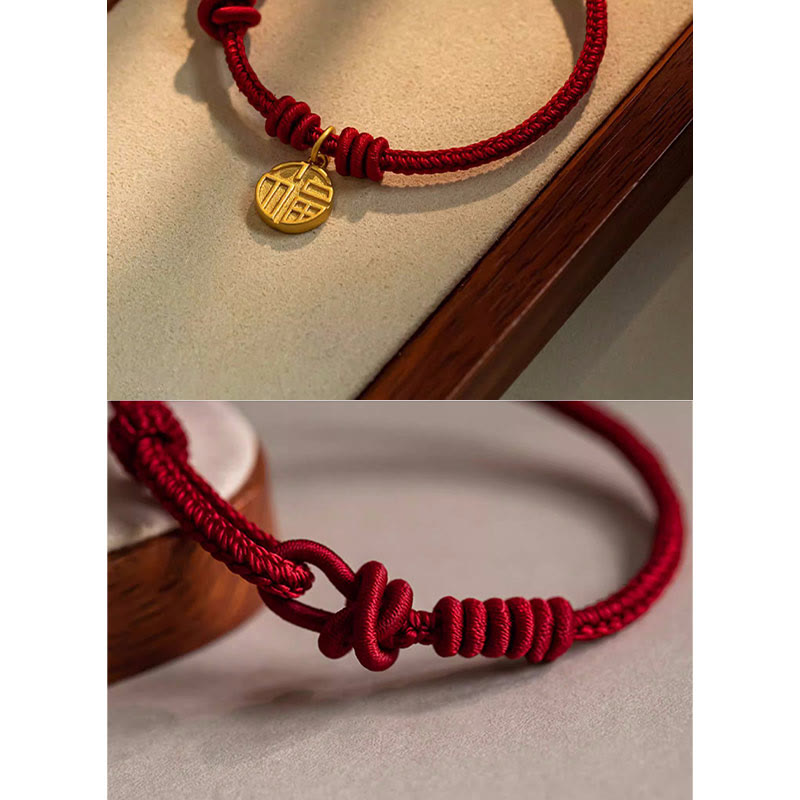 Handmade Eight Thread Peace Knot Fu Character Charm Luck Happiness Red Rope Bracelet