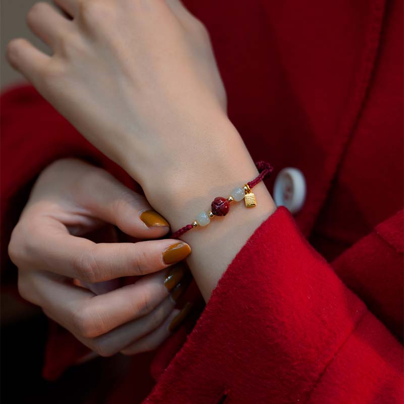 Cinnabar Jade Lotus Calm Red String Weave Bracelet