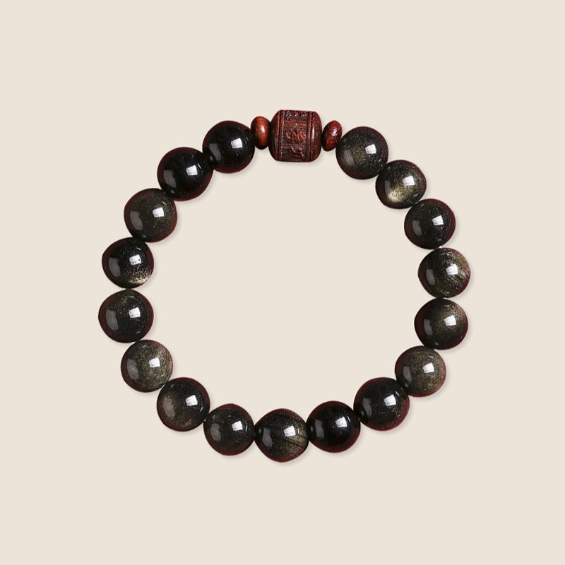 Natural Gold Sheen Obsidian Rainbow Obsidian Om Mani Padme Hum Fu Character Bracelet