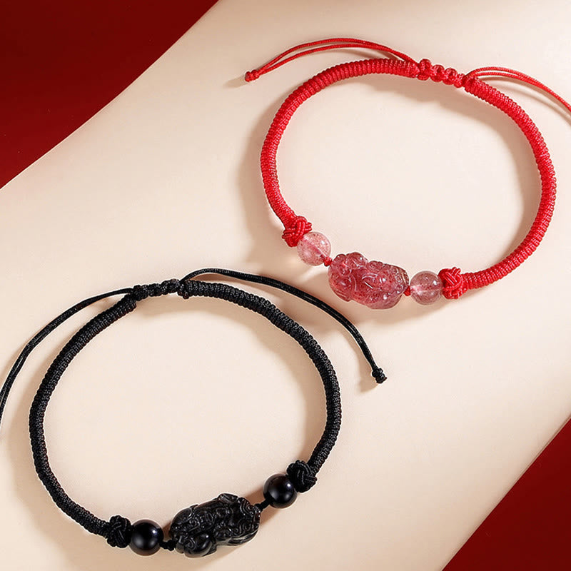 Handmade Natural Silver Sheen Obsidian Strawberry Quartz PiXiu Protection Braided Bracelet
