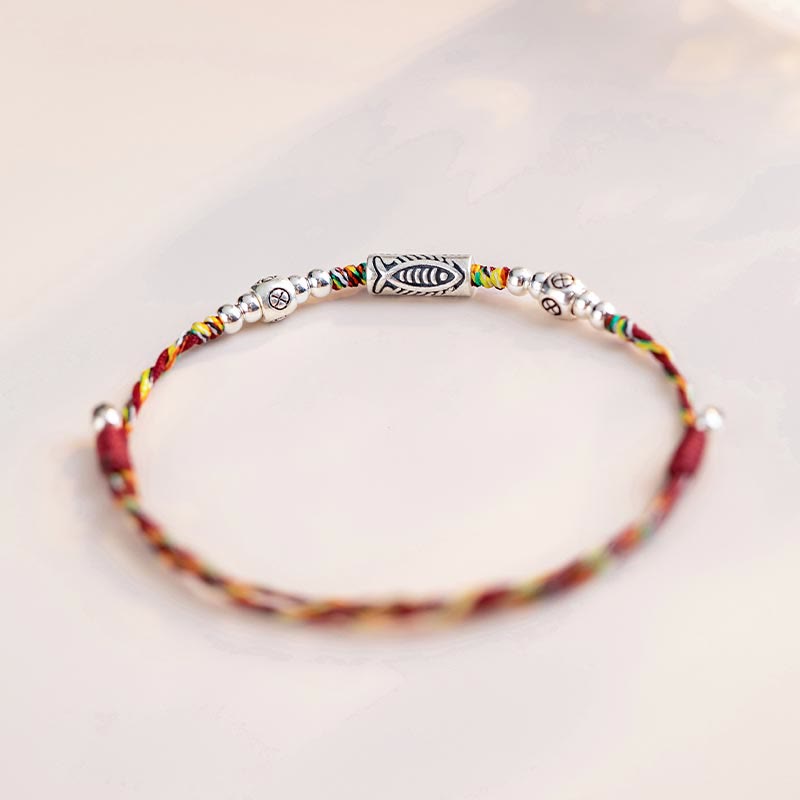 925 Sterling Silver Luck Koi Fish Braided Colorful String Bracelet Anklet