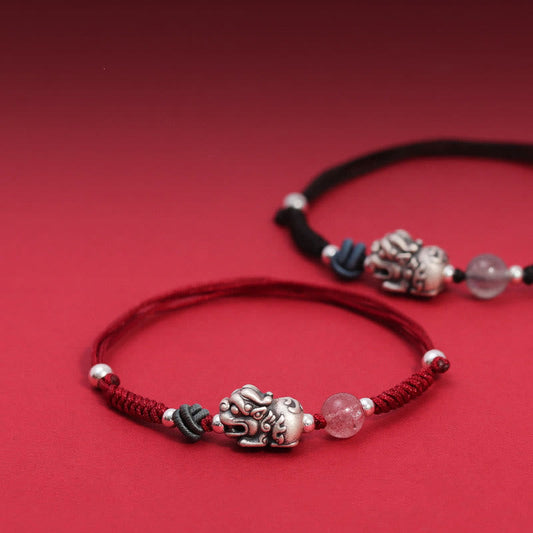 999 Sterling Silver PiXiu Strawberry Quartz Bead Wealth Luck Braided Bracelet